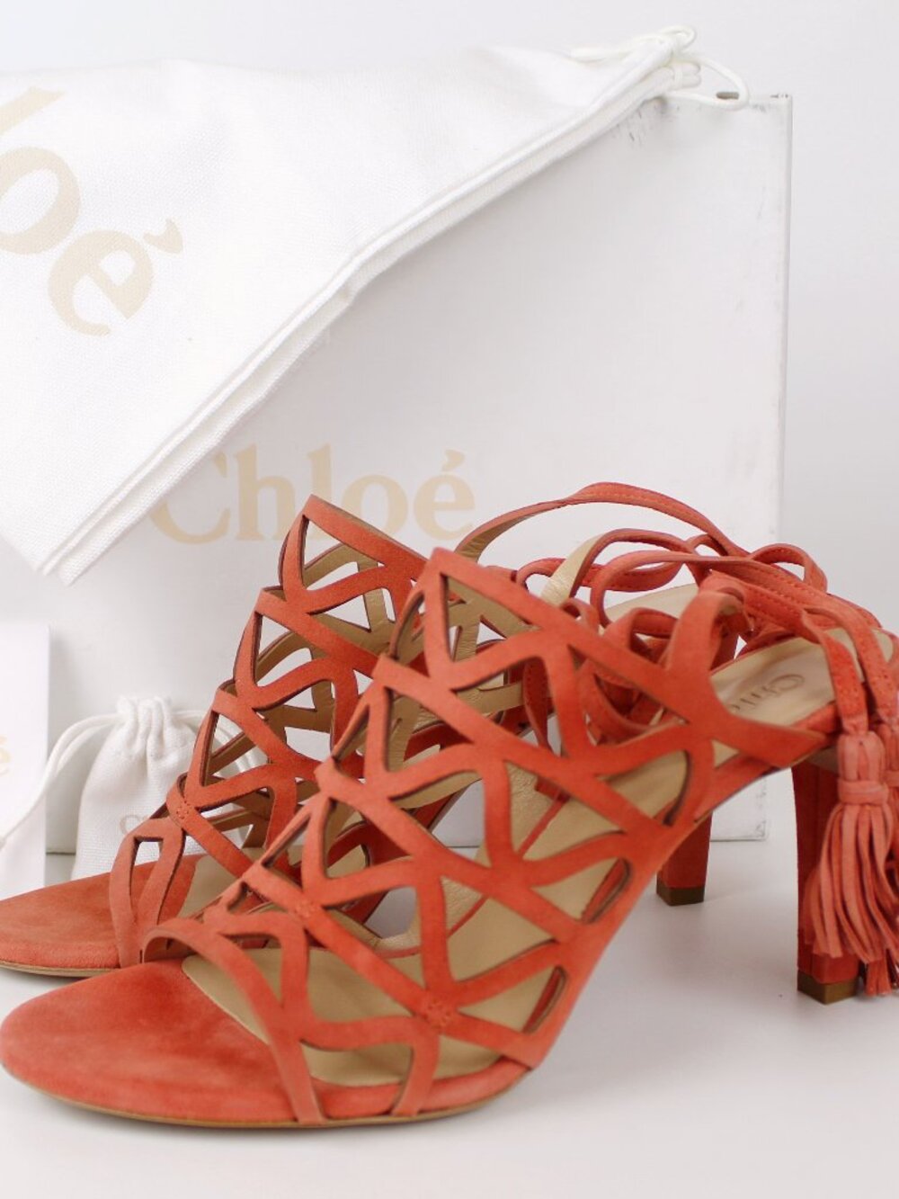 NEW Chloe Kendal Tassle Caged Trim Suede Sandals, EU 37